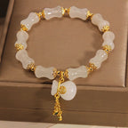 White Jade Gourd Bracelet | 24K Gold-Plated Lotus Charm Adjustable