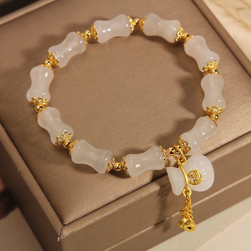White Jade Gourd Bracelet | 24K Gold-Plated Lotus Charm Adjustable