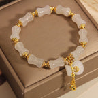 White Jade Gourd Bracelet | 24K Gold-Plated Lotus Charm Adjustable