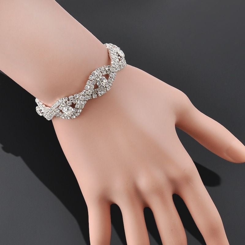 Silver Full Crystal Wave Bracelet | Bridal CZ Statement Chain Bracelet