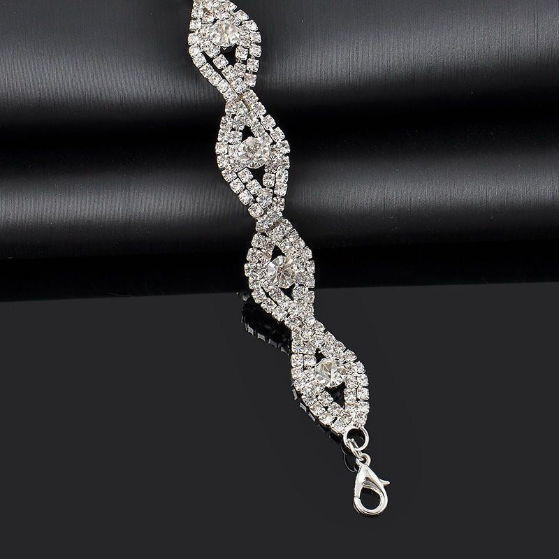 Silver Full Crystal Wave Bracelet | Bridal CZ Statement Chain Bracelet