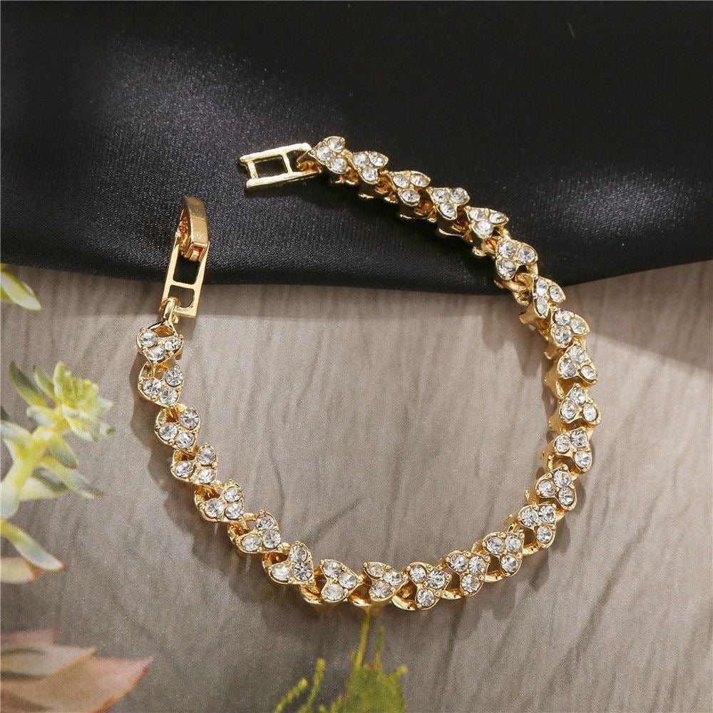 Gold CZ Heart Tennis Bracelet | Full Pavé Crystal Heart Link Chain