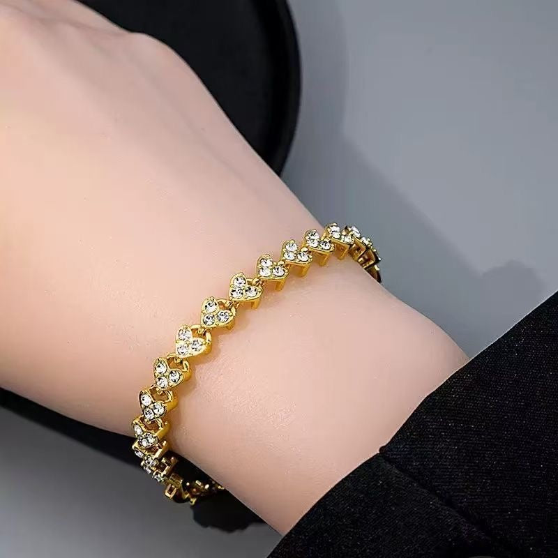 Gold CZ Heart Tennis Bracelet | Full Pavé Crystal Heart Link Chain