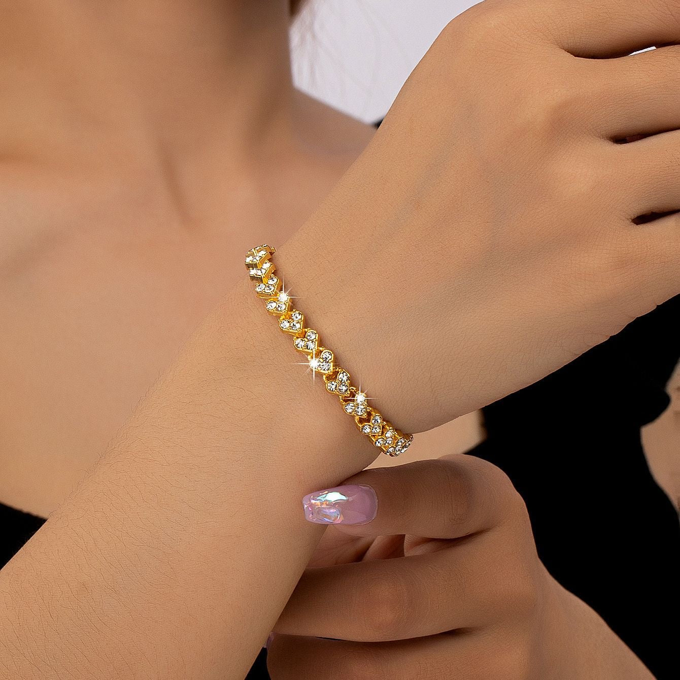 Gold CZ Heart Tennis Bracelet | Full Pavé Crystal Heart Link Chain