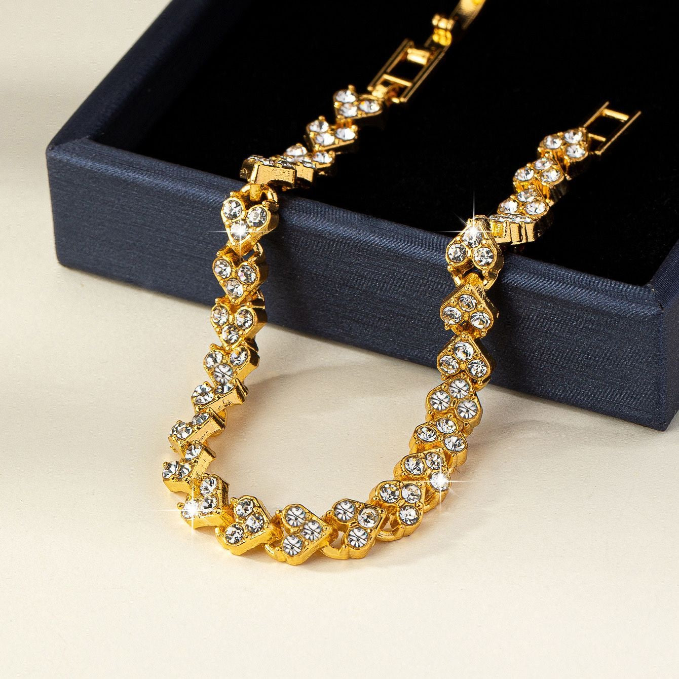 Gold CZ Heart Tennis Bracelet | Full Pavé Crystal Heart Link Chain