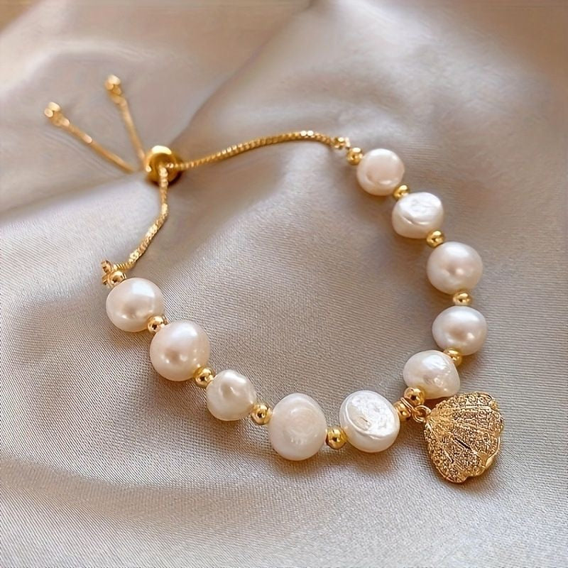 Baroque Freshwater Pearl Bracelet | Gold Heart Charm Adjustable Slider