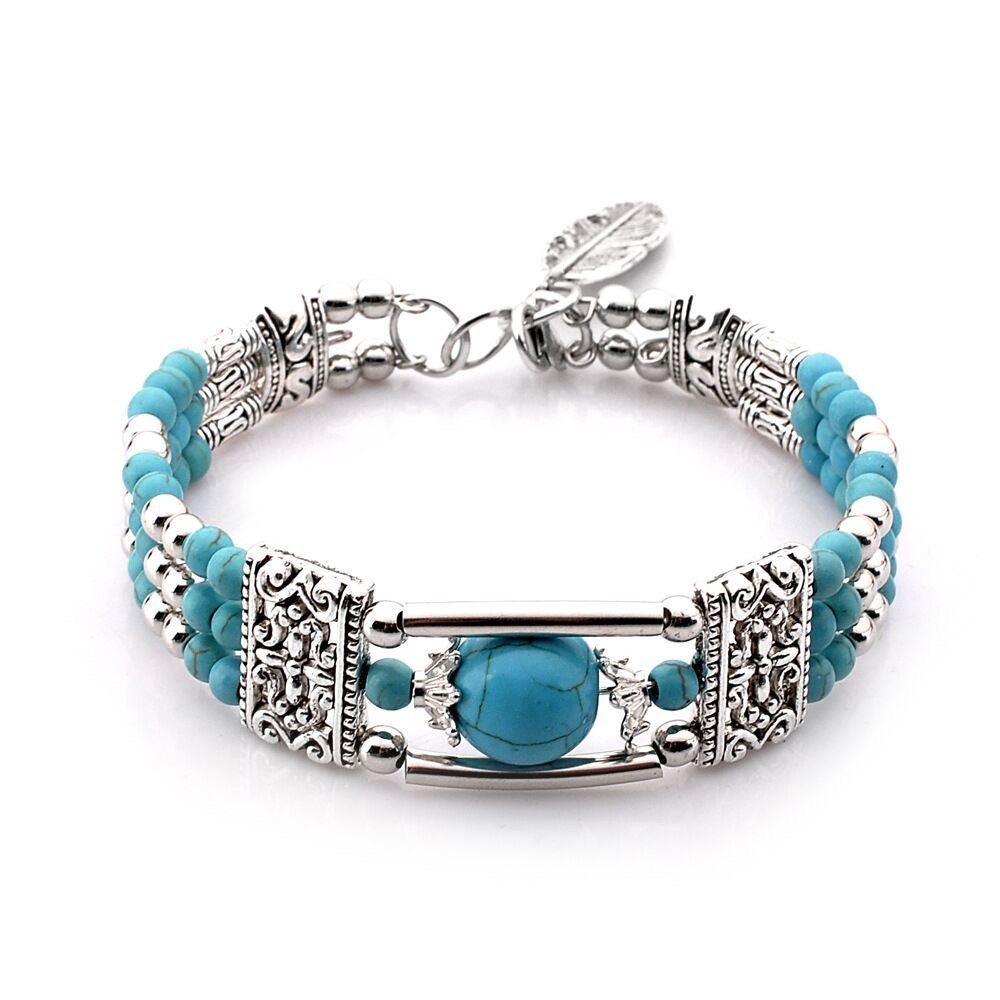 Turquoise Boho Beaded Bracelet | Vintage Silver Filigree Multi-Strand