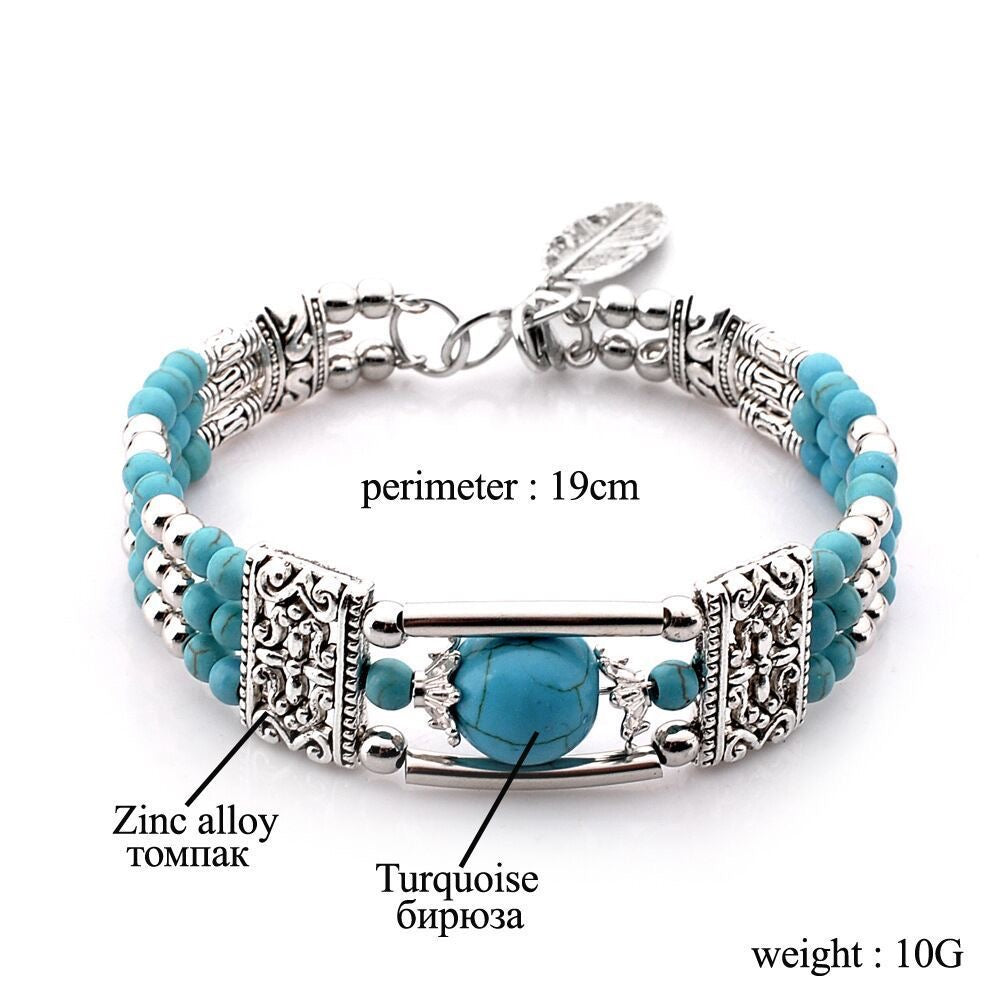 Turquoise Boho Beaded Bracelet | Vintage Silver Filigree Multi-Strand