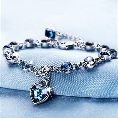 Blue Crystal Heart Charm Bracelet | Silver-Tone Ocean Blue Tennis Bracelet