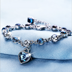 Blue Crystal Heart Charm Bracelet | Silver-Tone Ocean Blue Tennis Bracelet