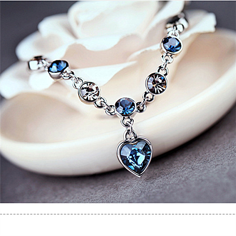 Blue Crystal Heart Charm Bracelet | Silver-Tone Ocean Blue Tennis Bracelet