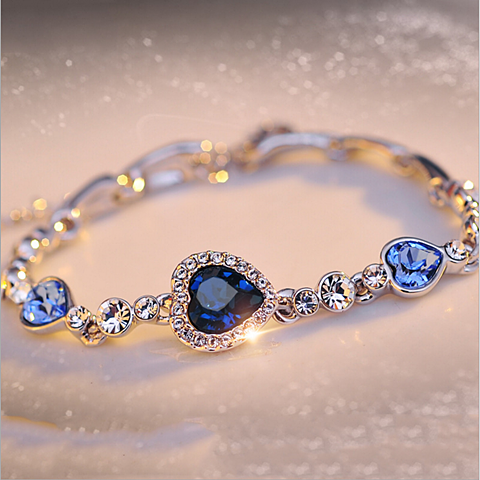 Blue Crystal Heart Charm Bracelet | Silver-Tone Ocean Blue Tennis Bracelet