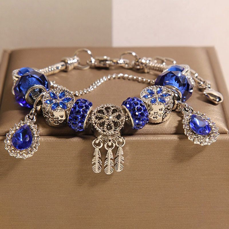 Blue Crystal Charm Bracelet | Silver-Tone Pandora-Style Statement Jewelry