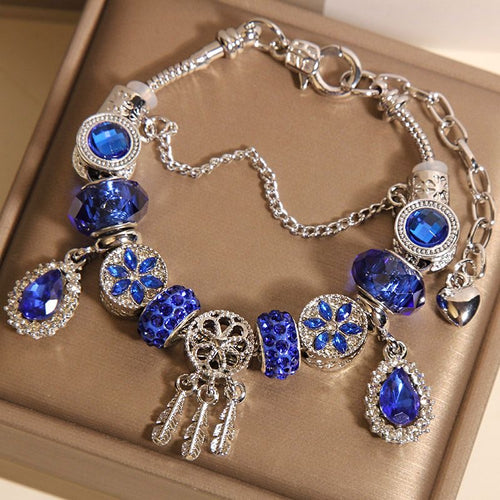 Blue Crystal Charm Bracelet | Silver-Tone Pandora-Style Statement Jewelry