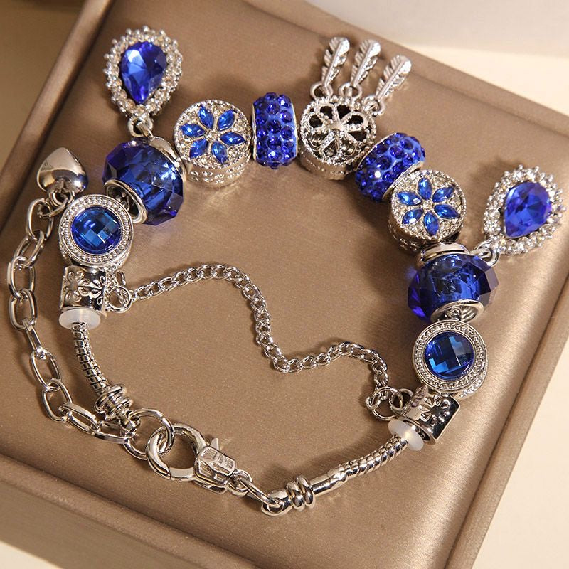 Blue Crystal Charm Bracelet | Silver-Tone Pandora-Style Statement Jewelry
