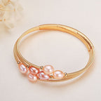 Pink Freshwater Pearl Gold Wire Bangle | Handcrafted Luxury Bracelet