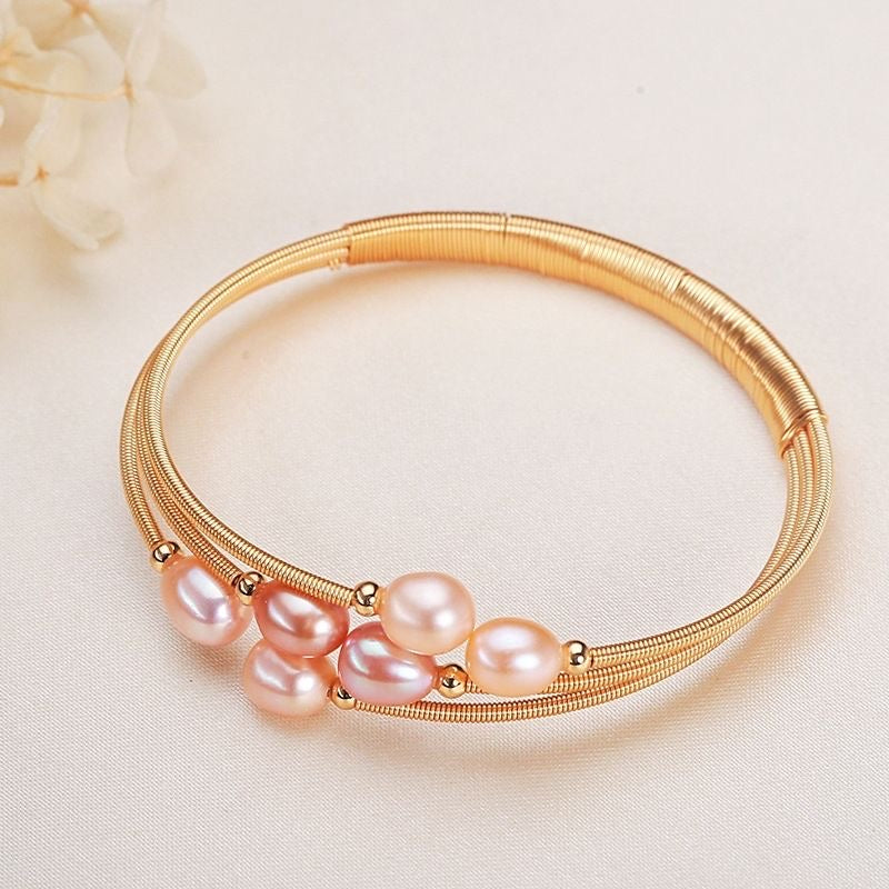 Pink Freshwater Pearl Gold Wire Bangle | Handcrafted Luxury Bracelet