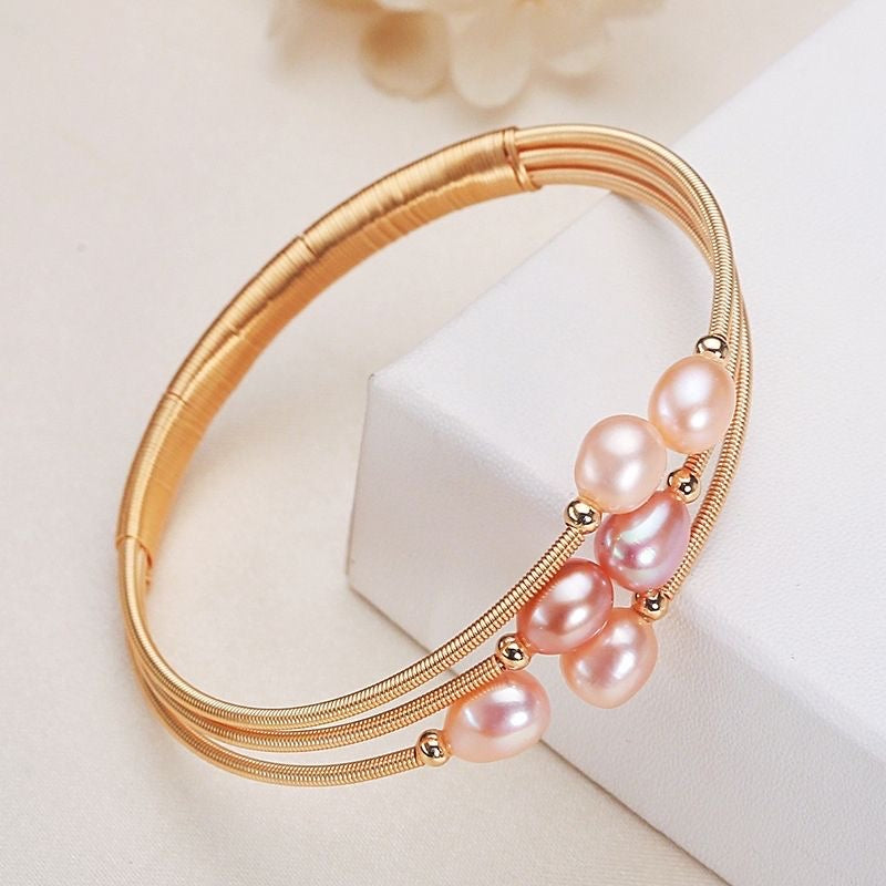 Pink Freshwater Pearl Gold Wire Bangle | Handcrafted Luxury Bracelet