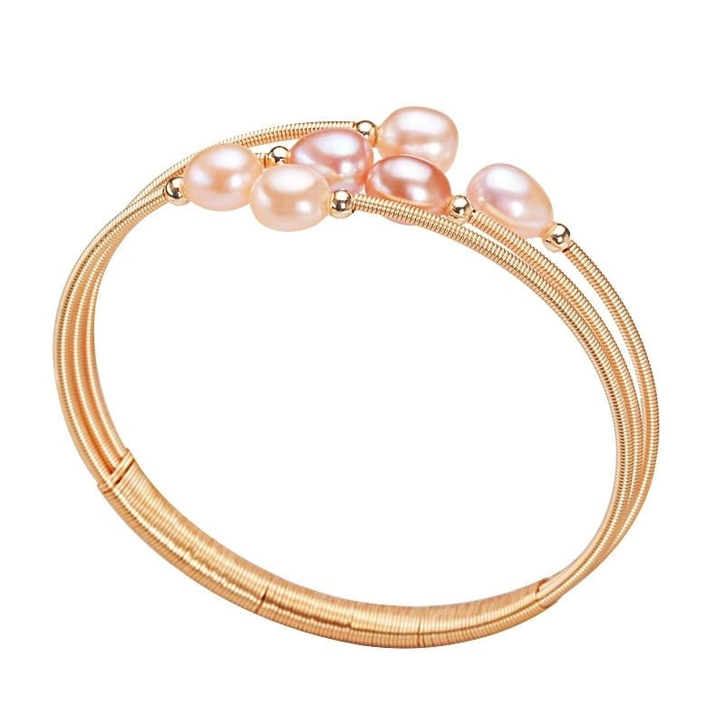 Pink Freshwater Pearl Gold Wire Bangle | Handcrafted Luxury Bracelet