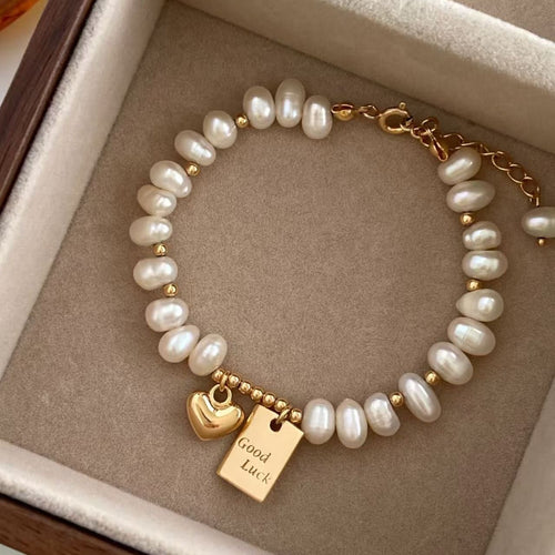 Baroque Freshwater Pearl Bracelet | Gold Heart & Good Luck Charm