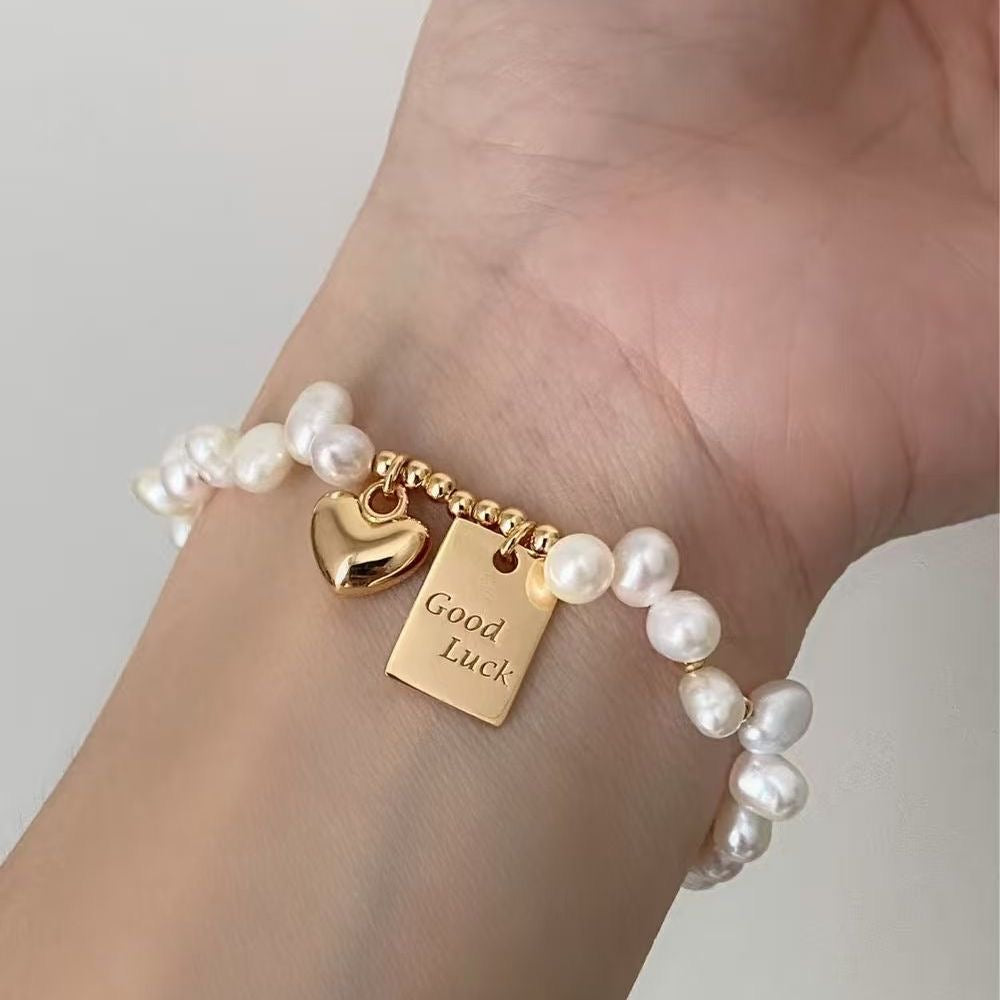 Baroque Freshwater Pearl Bracelet | Gold Heart & Good Luck Charm