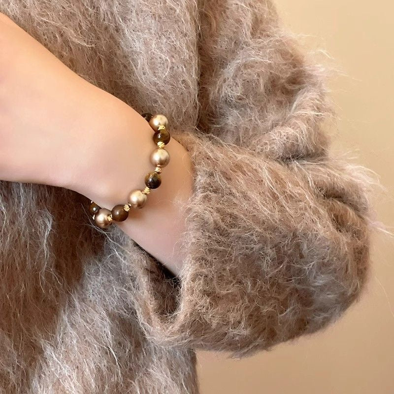 Gold-Plated Tiger Eye & Shell Pearl Bracelet | Handcrafted Luxury