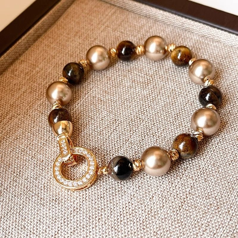Gold-Plated Tiger Eye & Shell Pearl Bracelet | Handcrafted Luxury