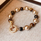 Gold-Plated Tiger Eye & Shell Pearl Bracelet | Handcrafted Luxury