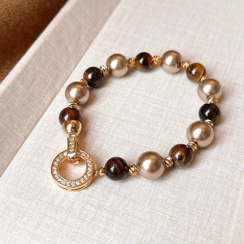 Gold-Plated Tiger Eye & Shell Pearl Bracelet | Handcrafted Luxury