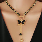Black Butterfly Tassel Necklace | Gold & Leather Chain Y-Drop Pendant