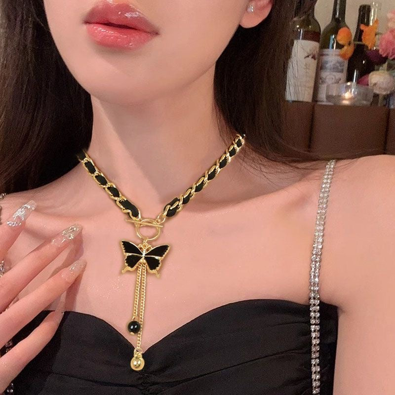Black Butterfly Tassel Necklace | Gold & Leather Chain Y-Drop Pendant