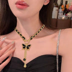 Black Butterfly Tassel Necklace | Gold & Leather Chain Y-Drop Pendant