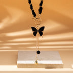 Black Butterfly Tassel Necklace | Gold & Leather Chain Y-Drop Pendant