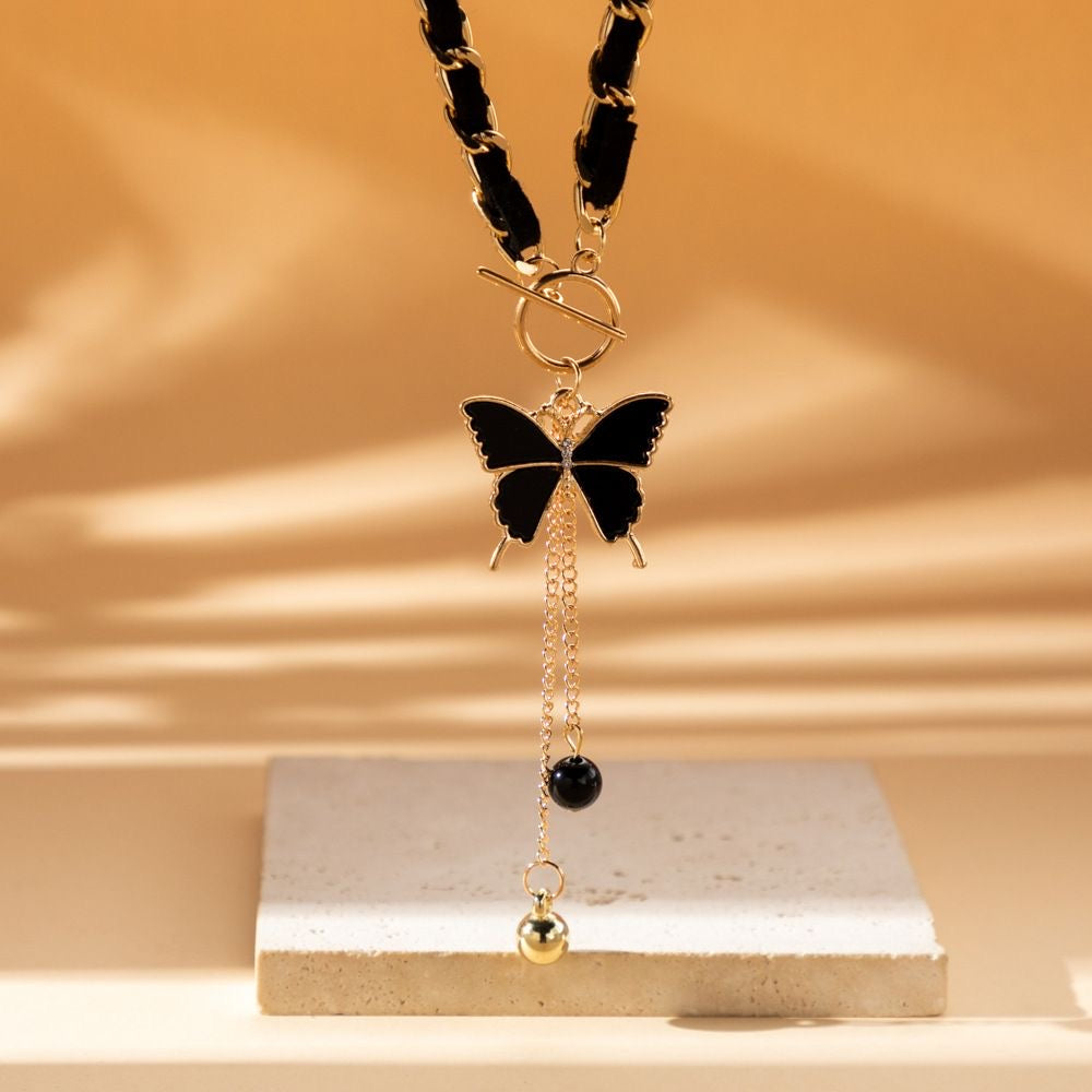 Black Butterfly Tassel Necklace | Gold & Leather Chain Y-Drop Pendant