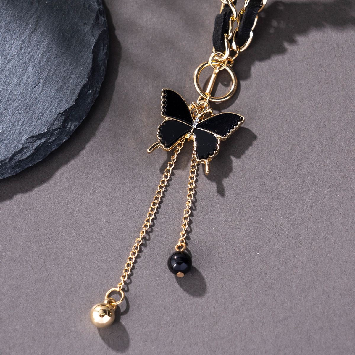 Black Butterfly Tassel Necklace | Gold & Leather Chain Y-Drop Pendant