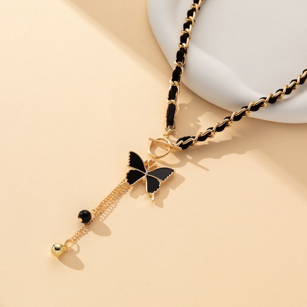 Black Butterfly Tassel Necklace | Gold & Leather Chain Y-Drop Pendant
