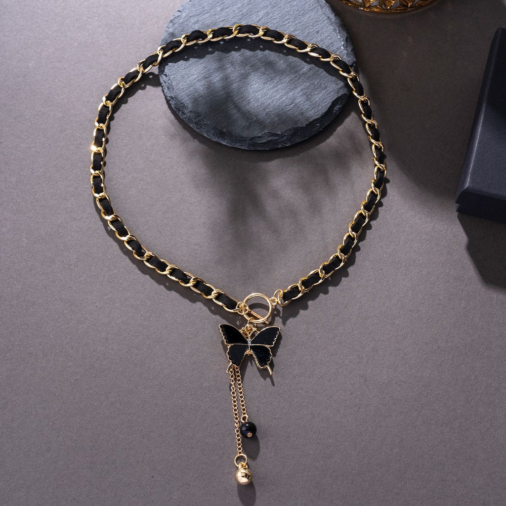 Black Butterfly Tassel Necklace | Gold & Leather Chain Y-Drop Pendant
