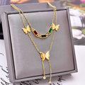 Gold Double Butterfly Necklace | Colorful CZ Baguette Tassel Layered Chain