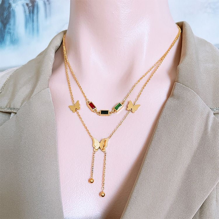 Gold Double Butterfly Necklace | Colorful CZ Baguette Tassel Layered Chain