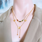 Gold Double Butterfly Necklace | Colorful CZ Baguette Tassel Layered Chain