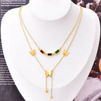 Gold Double Butterfly Necklace | Colorful CZ Baguette Tassel Layered Chain