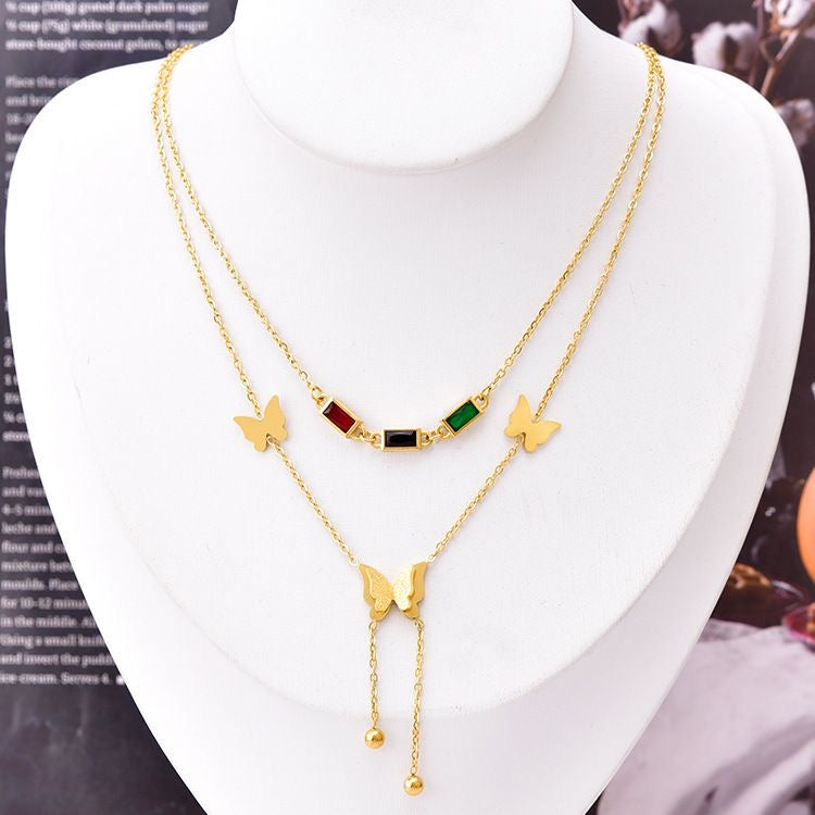 Gold Double Butterfly Necklace | Colorful CZ Baguette Tassel Layered Chain