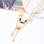 Gold Double Butterfly Necklace | Colorful CZ Baguette Tassel Layered Chain