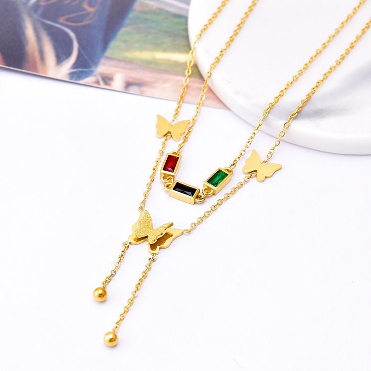 Gold Double Butterfly Necklace | Colorful CZ Baguette Tassel Layered Chain